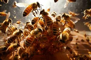 schließen oben Aussicht von das Bienen auf Honig Zellen foto