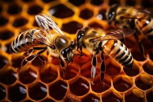 schließen oben Aussicht von das Bienen auf Honig Zellen foto