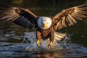 Angeln kahl Adler, ein kahl Adler gegenüber Kamera fängt ein Fisch aus von das Wasser, im das Stil von National geografisch Wettbewerb Gewinner, Super Tele schließen hoch. ai generativ foto