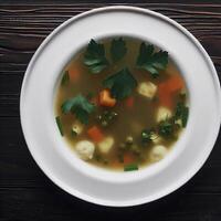 oben Aussicht Suppe mit Gemüse und Petersilie im ein Weiß Teller auf ein dunkel hölzern Hintergrund. ai generativ foto