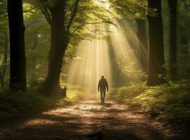 ein Person Gehen durch ein Wald, mental Gesundheit Bilder, fotorealistisch Illustration foto