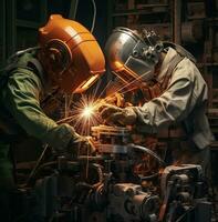 zwei Metall Arbeitskräfte sind mit ein Roboter zu Mühle ihr Metall arbeiten, industriell Maschinen Lager Fotos