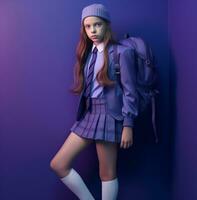 ein jung Mädchen tragen Schule Uniform und Tragen ein Rucksack, Welt Studenten Tag Bilder foto