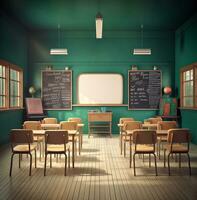 ein leeren Klassenzimmer mit Stühle und ein Grün Planke, Welt Studenten Tag Bilder foto