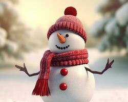 3d Illustration von ein Schneemann tragen ein rot Schal und Hut, Weihnachten Bild, 3d Illustration Bilder foto