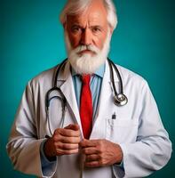 Lager Bild von ein Arzt tragen Weiß Mantel und halten ein Stethoskop auf seine Torso, medizinisch Lager Bilder foto