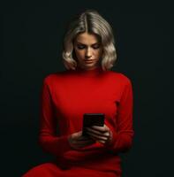 ein grau behaart Frau tragen ein rot Sweatshirt und mit ein Clever Telefon, modern Altern Lager Bilder, ai generiert Altern Bilder foto