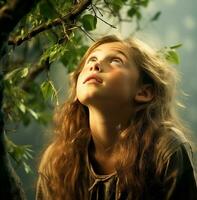 das Mädchen ist suchen oben beim das Baum ihr Gesicht gefüllt mit Wunder, Natur Lager Foto
