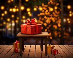 ein hölzern Tabelle mit ein Geschenk Box im Vorderseite von etwas Beleuchtung und Bäume, Weihnachten Bild, fotorealistisch Illustration foto