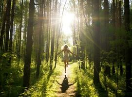ein Frau Laufen durch ein Wald ihr Gesicht gefüllt mit Freude und Hochgefühl, mental Gesundheit Bilder, fotorealistisch Illustration foto