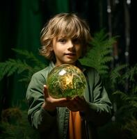 Kind halten oben ein Grün Globus auf ein Grün Hintergrund, Natur Lager Foto