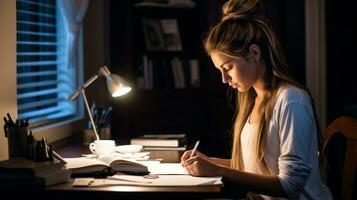 ein jung Frau sitzt beim ein Schreibtisch im ihr Schlafzimmer Schreiben im ein Tagebuch, mental Gesundheit Bilder, fotorealistisch Illustration foto