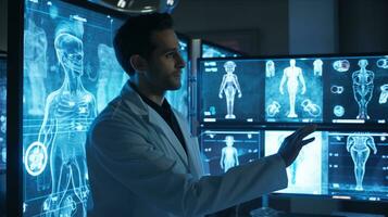 ein jung männlich Arzt Klicken auf ein Bild während andere medizinisch Symbole sind angezeigt, medizinisch Lager Bilder foto