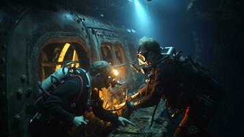 ein Mannschaft von Taucher funktioniert auf das Rumpf von ein versunken Schiff, industriell Maschinen Lager Fotos