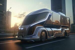 23 .. Jahrhundert futuristisch LKW mit hyper modern Antrieb, breit Winkel Linse, und futuristisch Wolkenkratzer im das Hintergrund. ai generativ foto