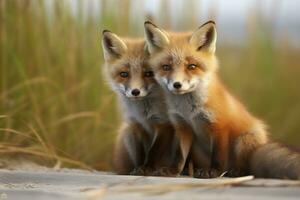 wild Baby rot Füchse kuscheln beim das Strand. generativ ai foto