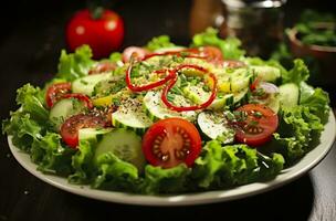 Gesundheit Leistungen von gesund Salat, im das Stil von präzise Detaillierung, glatt und glänzend. ai generiert foto