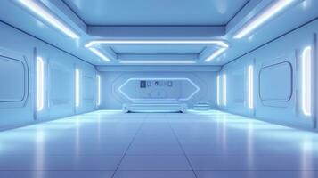 leeren Mauer im ein futuristisch sci fi Leben Zimmer mit Licht Gelb, Licht cyan, und Licht Blau Neon. ai generativ foto