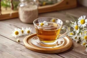 Tasse von heiß Kamille Tee auf Licht hölzern Hintergrund. generativ ai foto