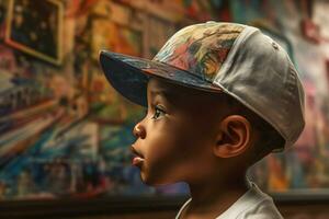 afrikanisch amerikanisch Junge mit Baseball Hut. generieren ai foto