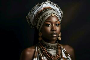 schwarz Frau traditionell mit Silber Zubehör. generieren ai foto