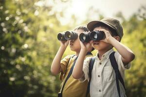 Kinder erkunden Fernglas. generieren ai foto