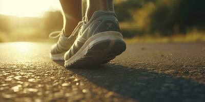 schließen oben auf das Schuh, Läufer Athlet Füße Laufen auf das Straße unter Sonnenlicht im das Morgen. ai generativ foto