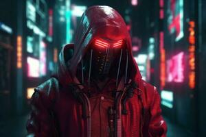 Cyberpunk rot Mann auf Straße. generieren ai foto