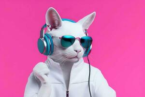 Katze Sonnenbrille Kopfhörer Hör mal zu Musik. generieren ai foto