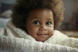 afrikanisch Baby Kind Bett lächelnd. generieren ai foto
