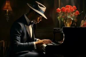 afro amerikanisch Mann Klavier im Jazz Bar. generieren ai foto