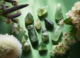 Kristall Türme Mineralien einstellen und Weiß Blumen auf Grün abstrakt Hintergrund. generativ ai foto