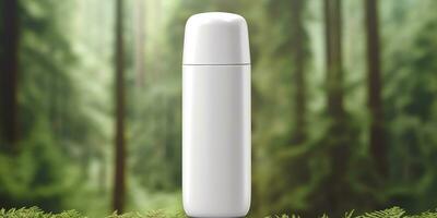 Weiß leer glänzend Plastik Deodorant Flasche Attrappe, Lehrmodell, Simulation mit natürlich Thema Hintergrund. ai generativ foto