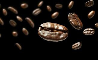Kaffee Bohne fliegend auf schwarz Hintergrund, 3d Illustration. generativ ai foto