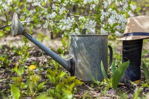 ein alt Eisen Bewässerung dürfen, ein Hut, und Gummi Stiefel Stand im das Garten. Gartenarbeit und Gartenarbeit, foto