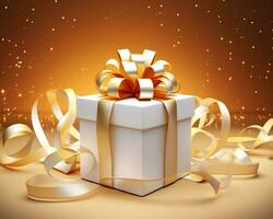 ein Weiß Geschenk Box mit Gold Band, Weihnachten Bild, 3d Illustration Bilder foto