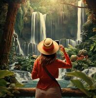 Frau im Hut nehmen Bilder von Wasserfall im das Wald, Fernweh Reise Lager Bilder, Reise Lager Fotos Fernweh