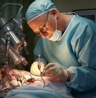 ein der Chirurg mit ein Roboter Arm zu ausführen ein zart Betrieb, medizinisch Lager Bilder foto