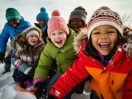 ein Gruppe von Kinder Rodeln Nieder ein schneebedeckt hügel, Weihnachten Bild, fotorealistisch Illustration foto