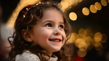 ein schließen oben von ein jung Mädchen Gesicht, Weihnachten Bild, fotorealistisch Illustration foto