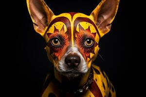 ein Nahansicht von ein Hund mit Halloween bilden im Vorderseite von ein dunkel Hintergrund, generativ ai foto