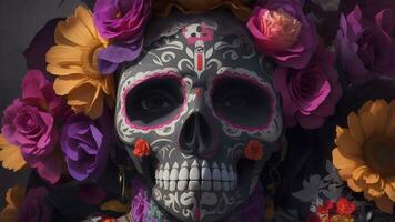 Blumen- geschmückt Mexikaner Schädel inspiriert durch catrina ai generiert foto