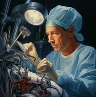 ein der Chirurg mit ein Roboter Arm zu ausführen ein zart Betrieb, medizinisch Lager Bilder foto