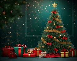 Weihnachten Urlaub Hintergrund mit Weihnachten Baum und die Geschenke, Weihnachten Bild, Karikatur Illustration Kunst foto