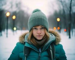 ein Mädchen Stehen im ein Winter Park tragen ein Winter Jacke und ein Deckel Lager Foto djsansino, Weihnachten Bild, fotorealistisch Illustration