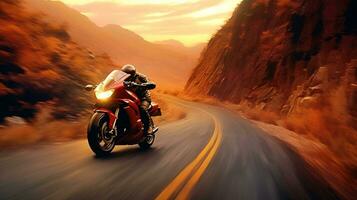 generativ ai, Motorrad Fahrer auf Straße Reiten, Sonnenuntergang Himmel, haben Spaß Fahren das leeren Autobahn auf ein Motorrad Tour Reise foto