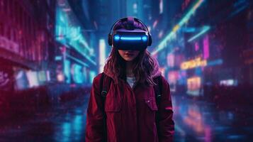 generativ ai, schön Frau im vr Brille im Neon- Raum Straße, virtuell Wirklichkeit Headset im Cyberspace foto