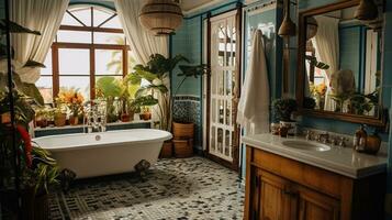 generativ ai, retro Boho Hotel Badezimmer, puerto rico Stil. hell Farben und Pflanzen foto