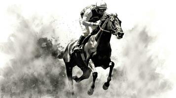 generativ ai, Tinte gemalt Rennen Pferd mit Jockey, Pferdesport Sport, einfarbig Illustration foto