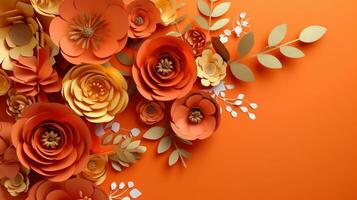 generativ ai, Papier Schnitt Kunst Blumen und Blätter, Aprikose zerquetschen Orange Farbe, Origami texturiert Hintergrund, Frühling Stimmung. Blumen- Rahmen Layout.. foto